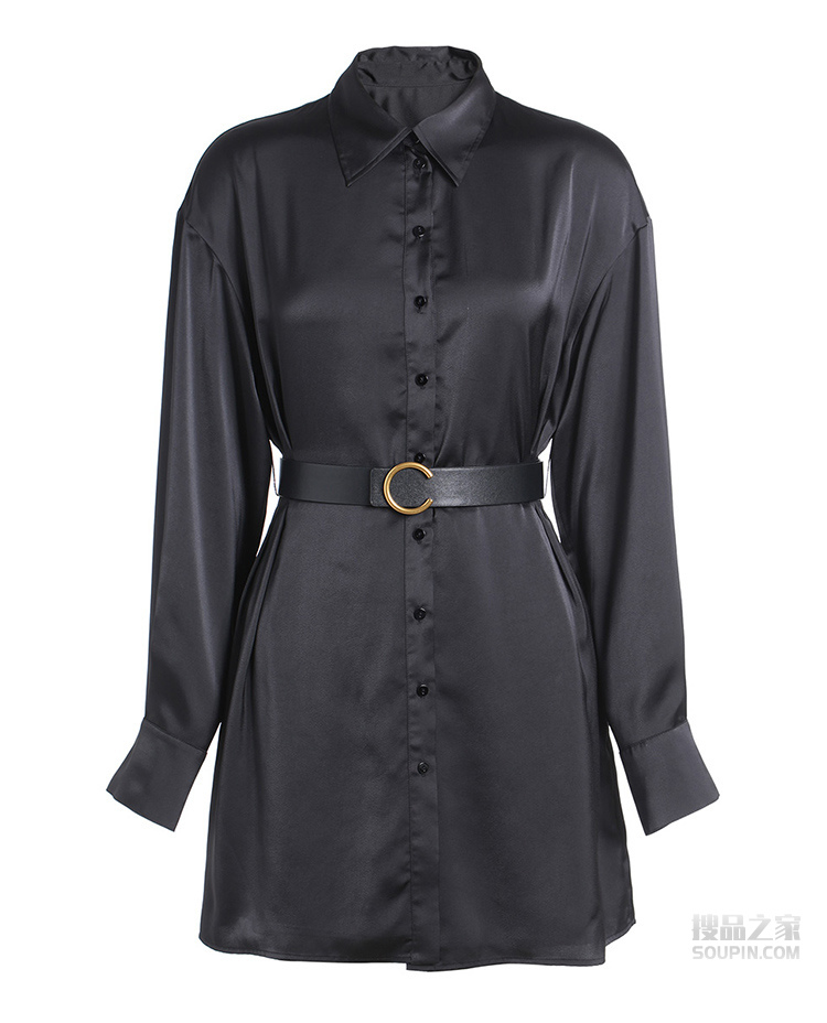 配腰带缎面连衣裙