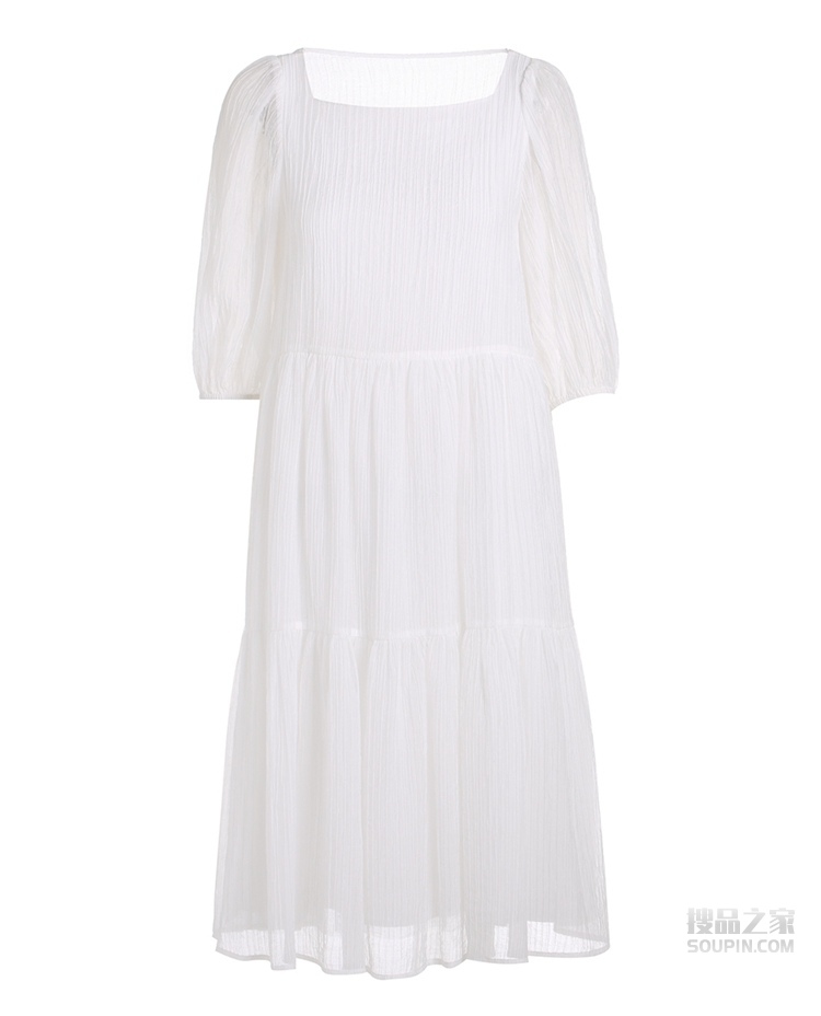 方领天丝褶连衣裙