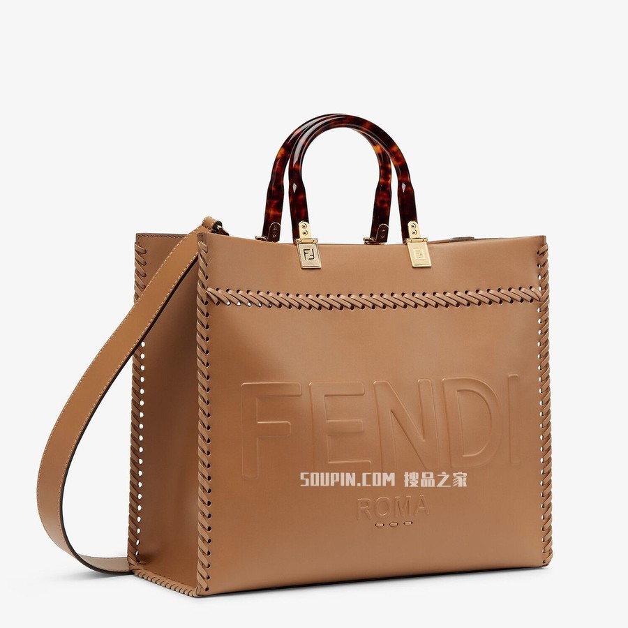 FENDI SUNSHINE中号手提袋 米色皮革手提袋，带装饰针脚