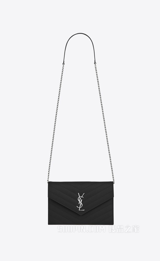 monogram黑色颗粒纹理提花真皮信封链条钱包