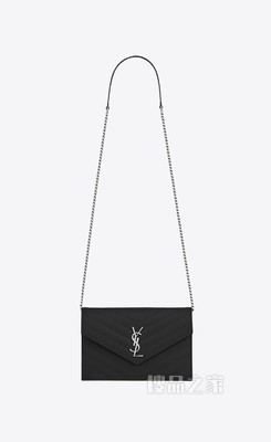 monogram黑色颗粒纹理提花真皮信封链条钱包