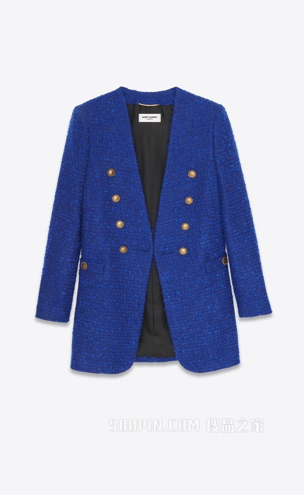 长款双排扣混纺粗花呢夹克