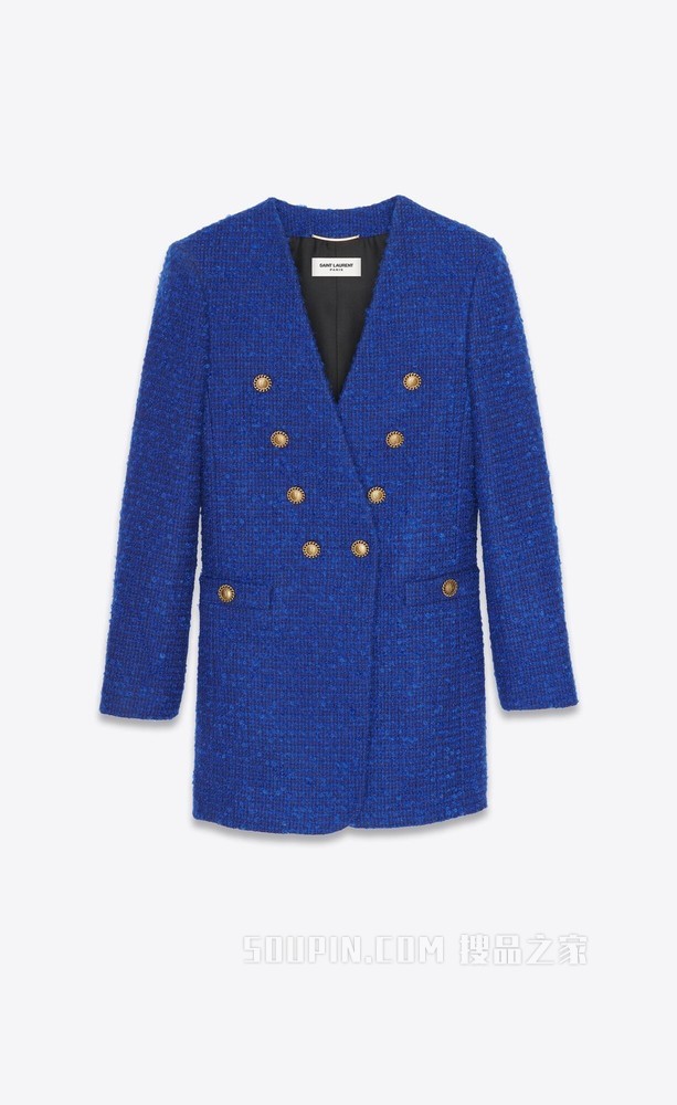 长款双排扣混纺粗花呢夹克