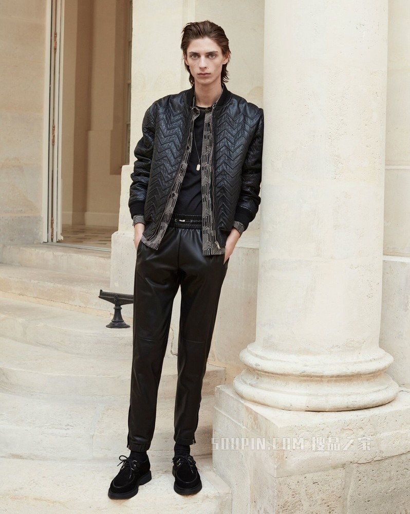 廓形V形纹皮革飞行员夹克