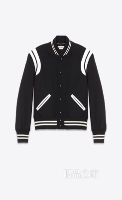 黑色羊毛拼接灰白色真皮棒球夹克