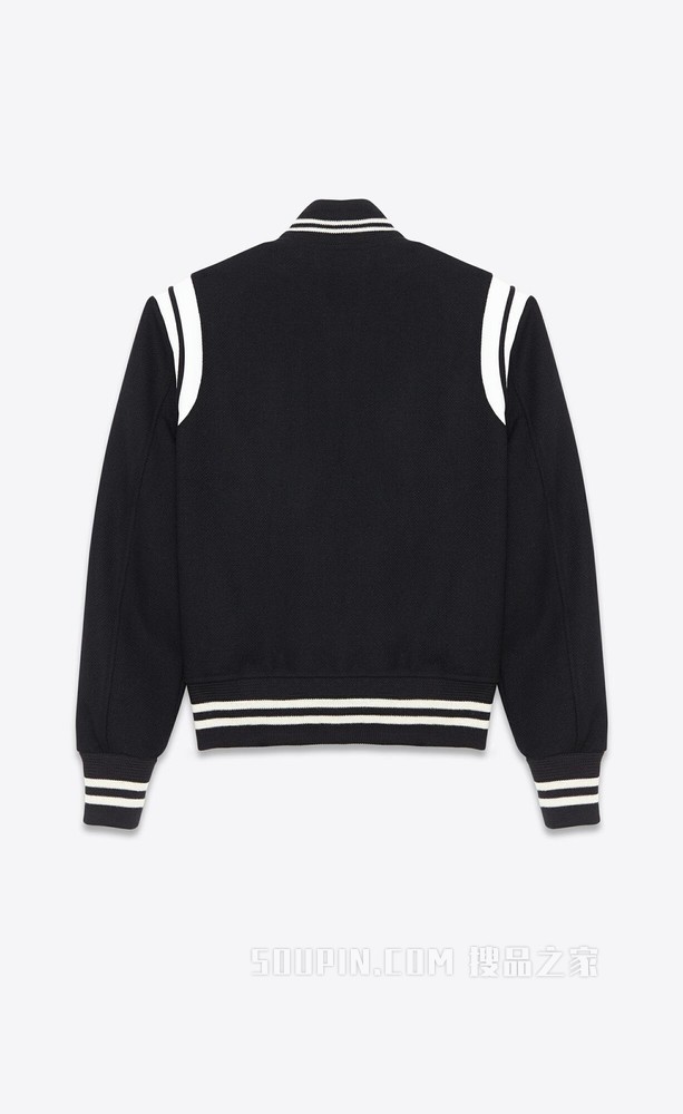 黑色羊毛拼接灰白色真皮棒球夹克