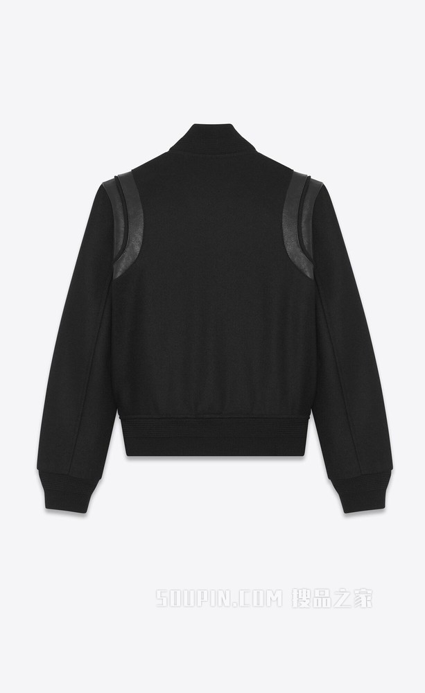 纯羊毛棒球夹克，黑色真皮