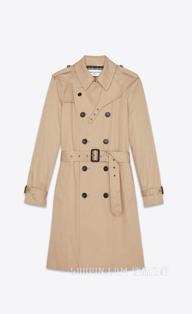 沙色华达呢双排扣束腰风衣