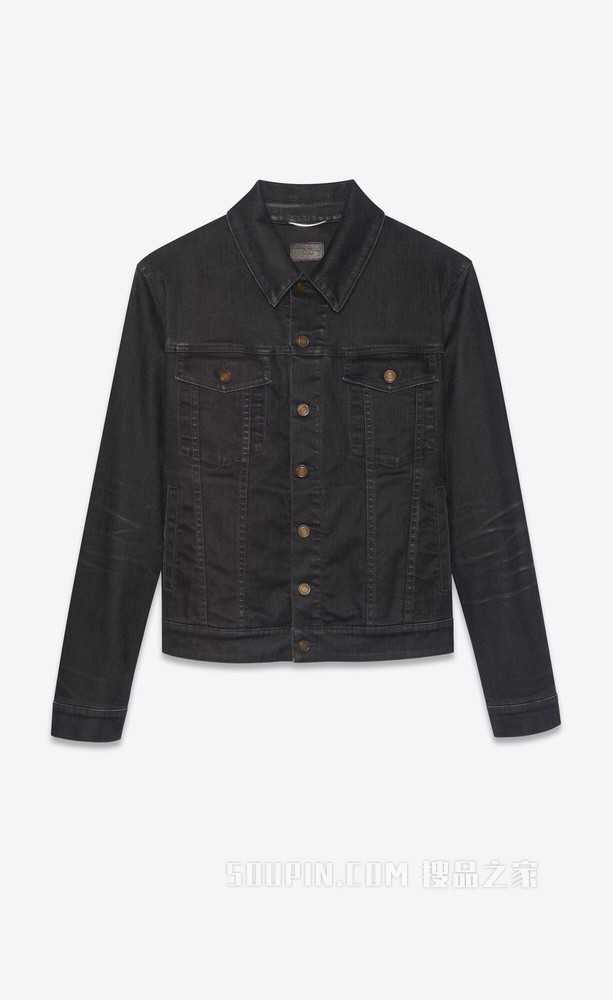 黑色轻涂层弹力牛仔夹克