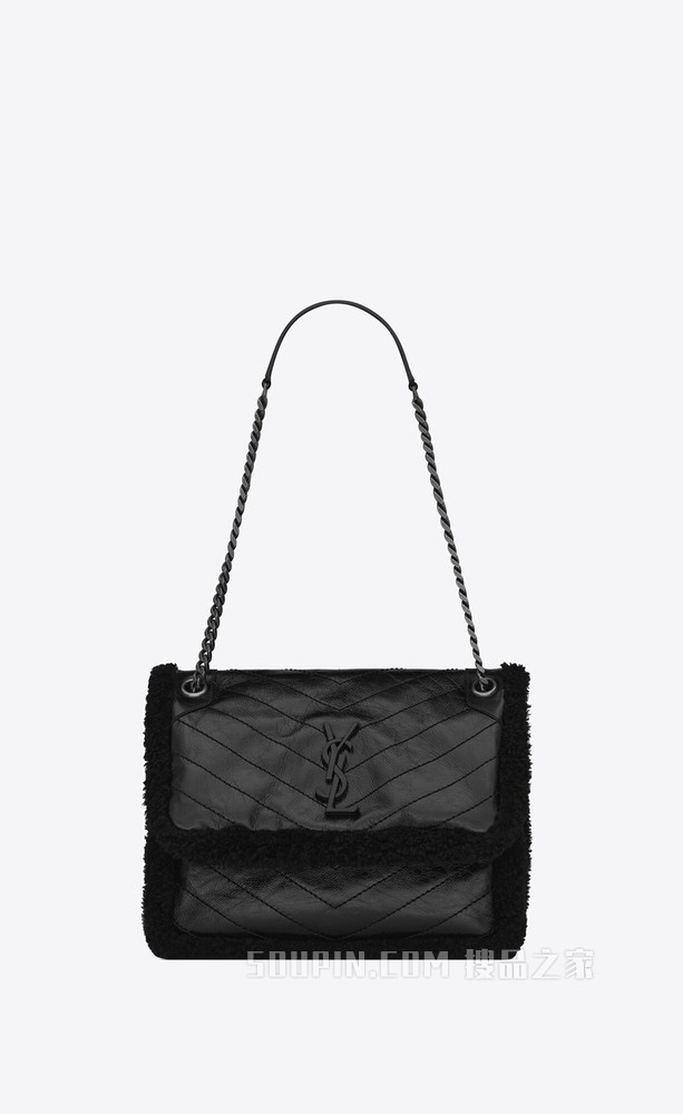 NIKI中号绗缝褶皱皮革和剪羊毛手袋