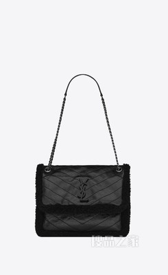 NIKI中号绗缝褶皱皮革和剪羊毛手袋