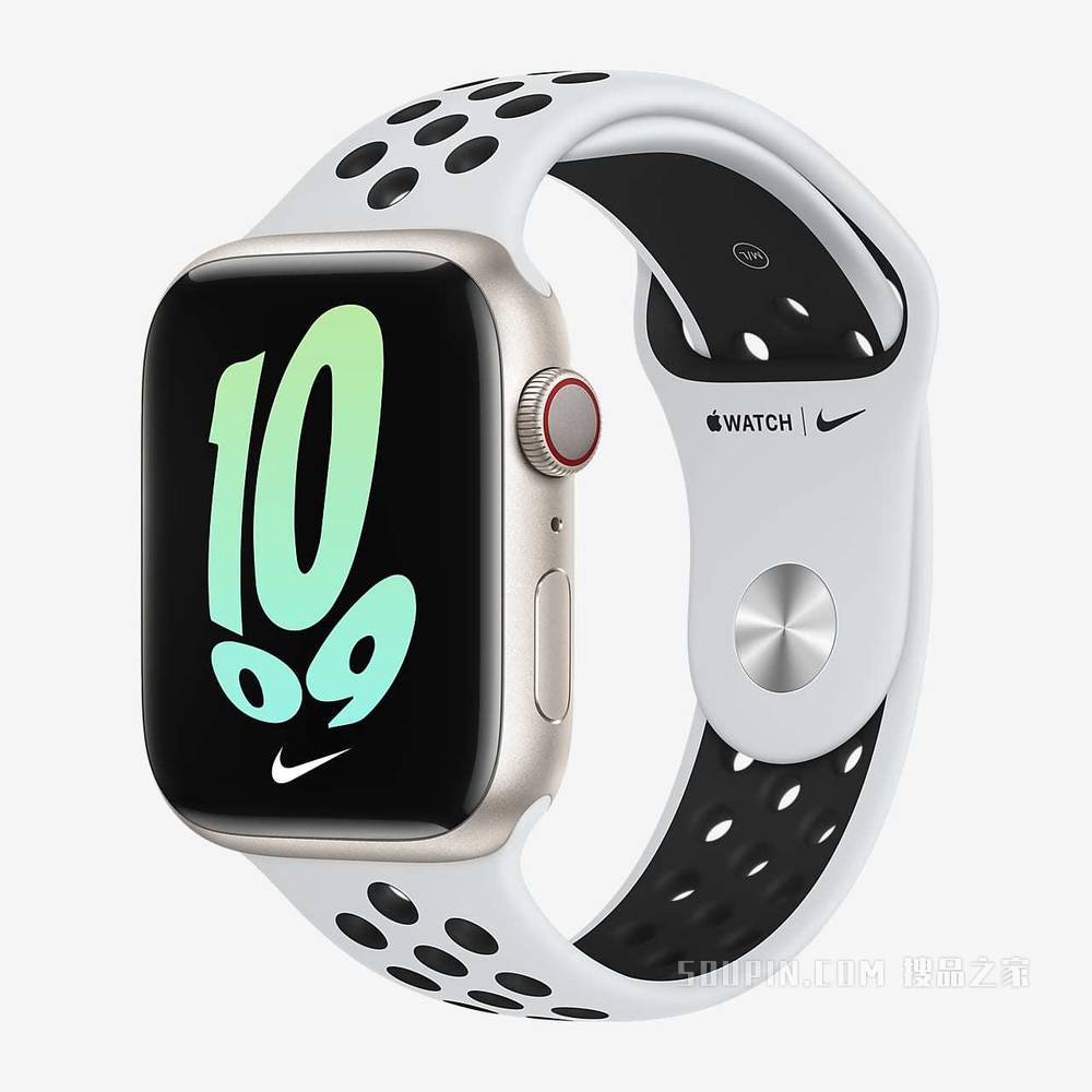 Apple Watch Series 7（GPS + 蜂窝网络）搭配 Nike 运动表带 45 毫米星光色铝金属表壳