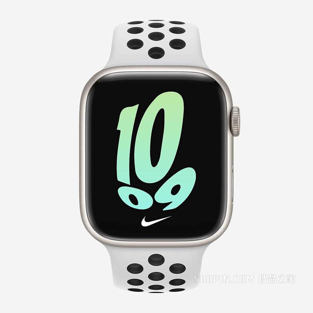 Apple Watch Series 7（GPS + 蜂窝网络）搭配 Nike 运动表带 45 毫米星光色铝金属表壳