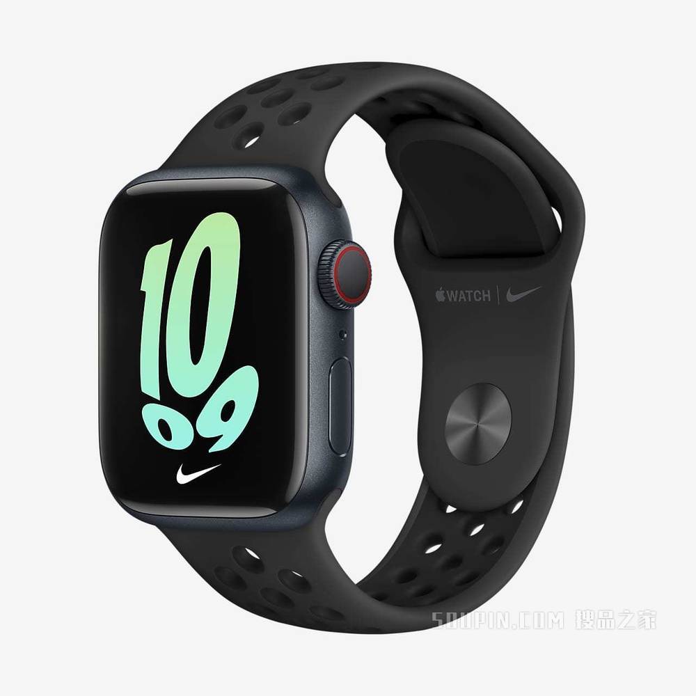 Apple Watch Series 7（GPS + 蜂窝网络）搭配 Nike 运动表带 41 毫米午夜色铝金属表壳