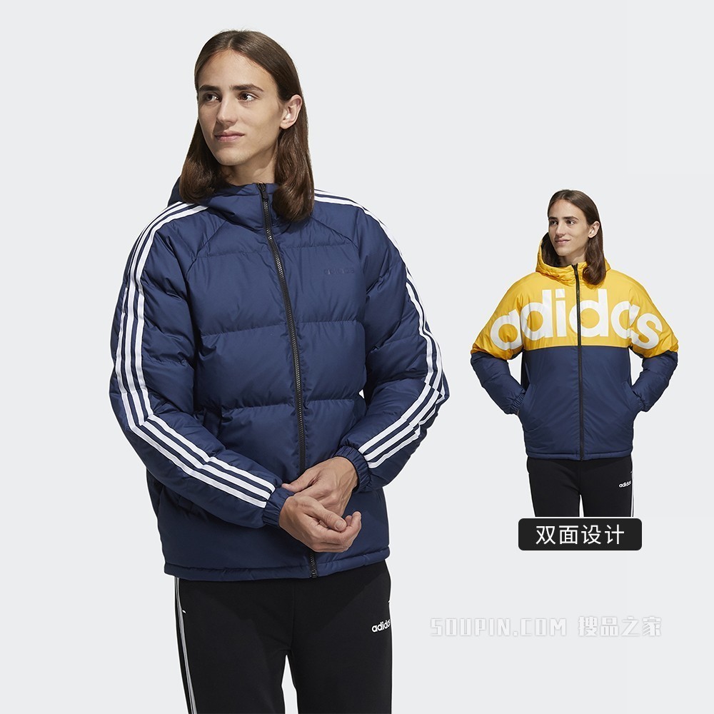 adidas neo M DWN REV JKT 新款冬季运动两面穿白鸭绒羽绒服