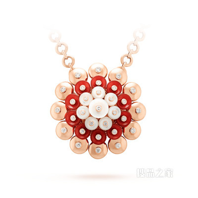 Bouton d'or吊坠项链，玫瑰金，红玉髓，白色珍珠母贝，钻石