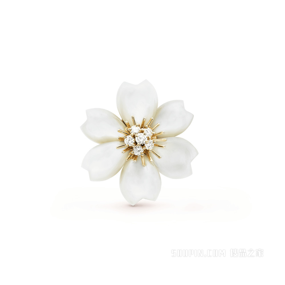Rose de Noël吊坠胸针，小号款式，黄K金，白色珍珠母贝，钻石