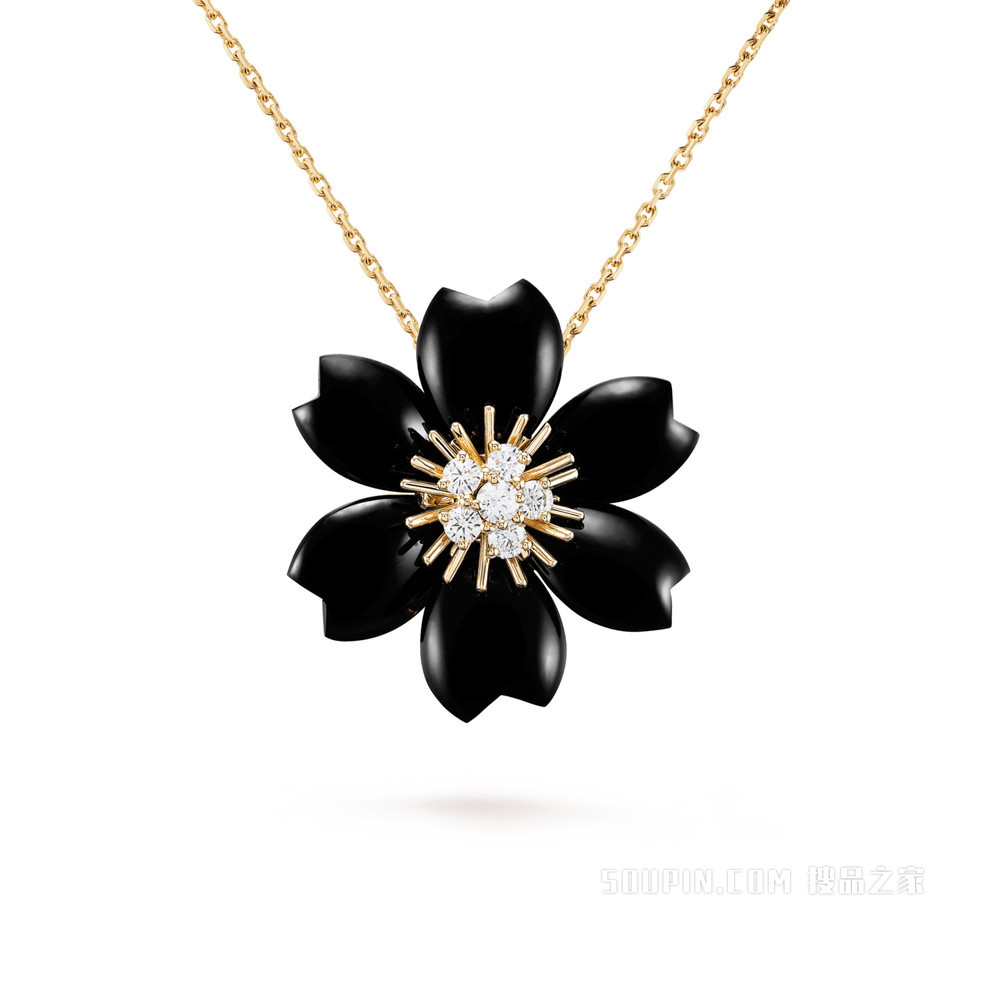 Rose de Noël吊坠胸针，小号款式，黄K金，缟玛瑙，钻石