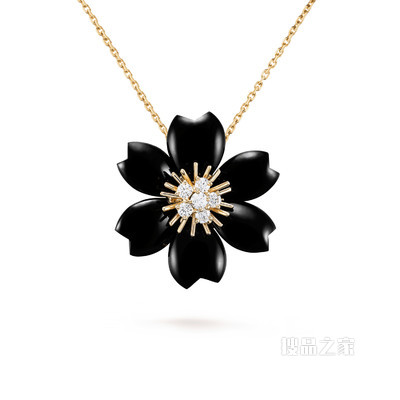 Rose de Noël吊坠胸针，小号款式，黄K金，缟玛瑙，钻石