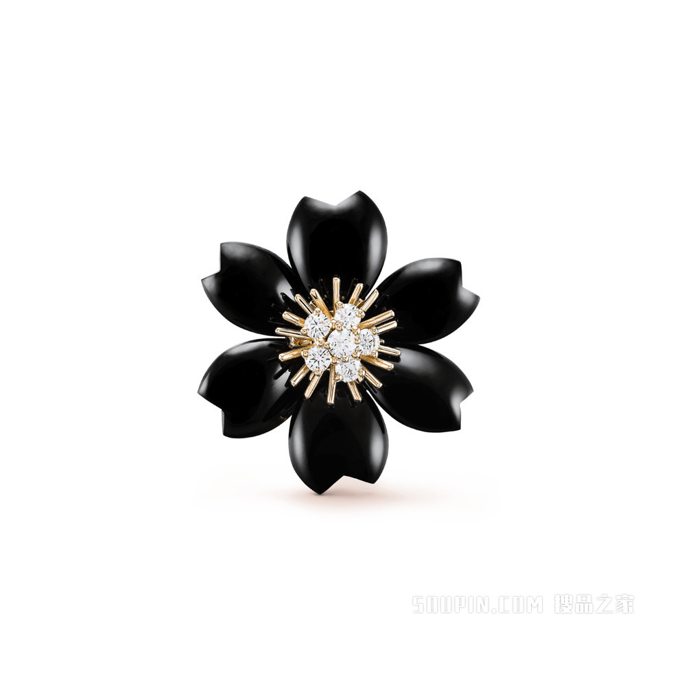 Rose de Noël吊坠胸针，小号款式，黄K金，缟玛瑙，钻石