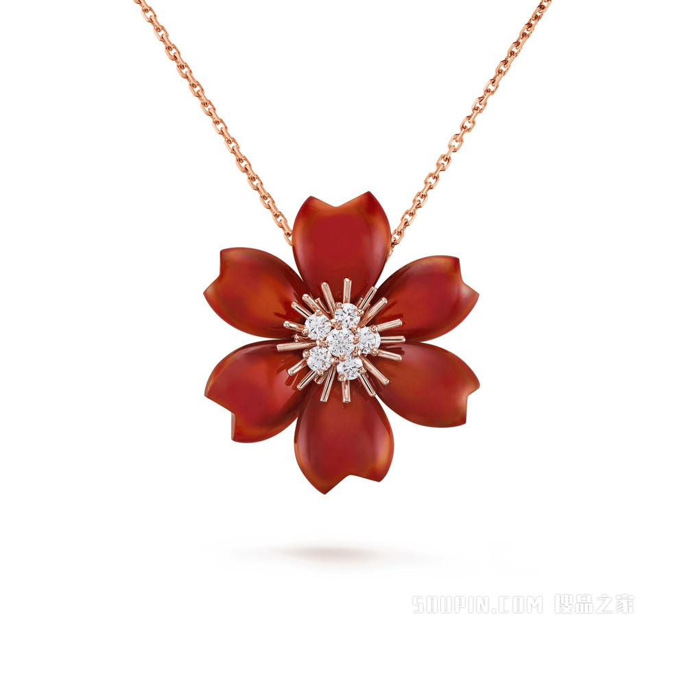 Rose de Noël吊坠胸针，小号款式，玫瑰金，红玉髓，钻石