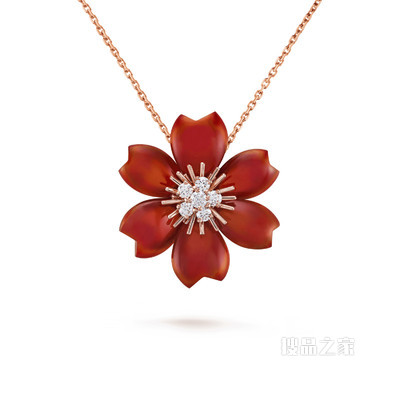 Rose de Noël吊坠胸针，小号款式，玫瑰金，红玉髓，钻石