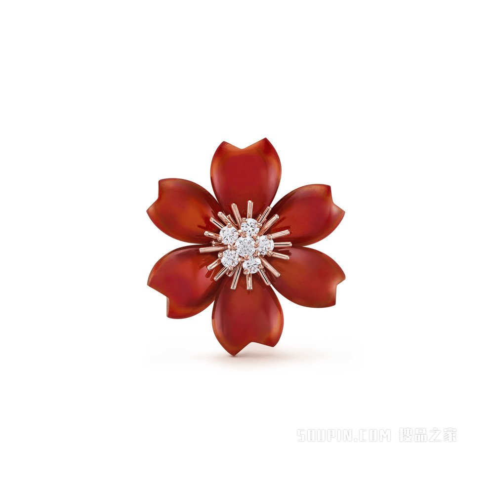 Rose de Noël吊坠胸针，小号款式，玫瑰金，红玉髓，钻石