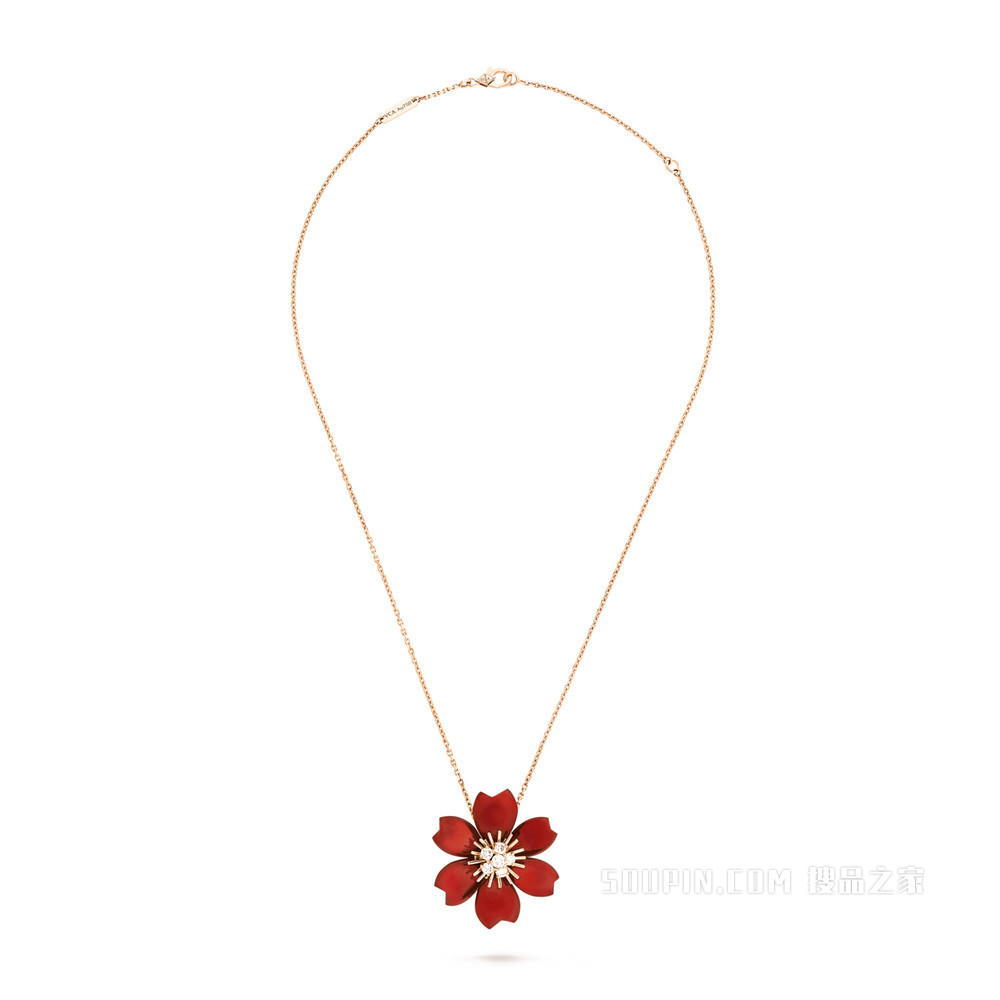 Rose de Noël吊坠胸针，小号款式，玫瑰金，红玉髓，钻石