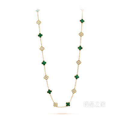 Vintage Alhambra长项链，20图案，黄K金，孔雀石，钻石