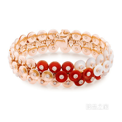 Bouton d'or手镯，中号款式，玫瑰金，白色珍珠母贝，红玉髓，钻石