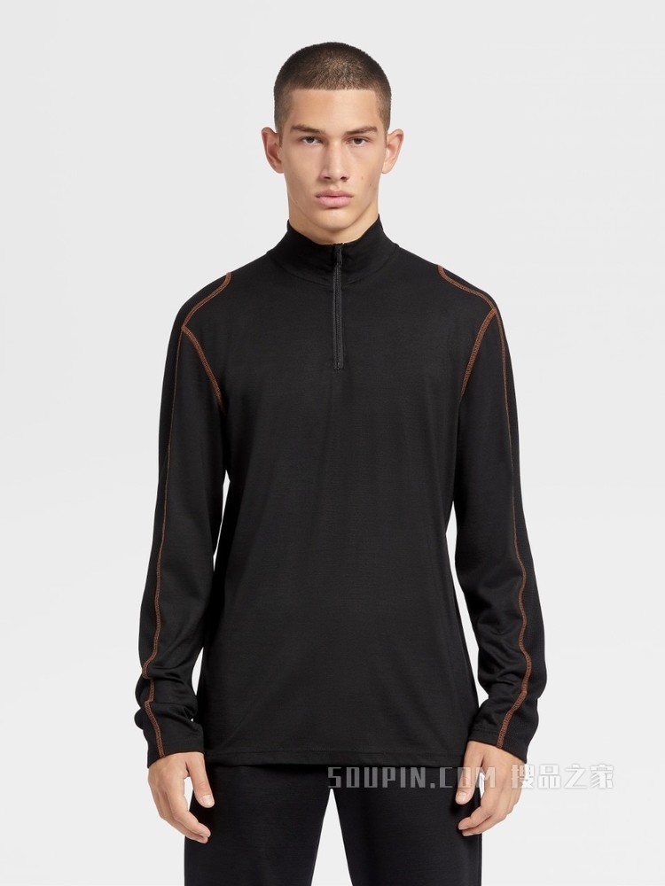 黑色 Techmerino™ 羊毛汗布长袖 T 恤