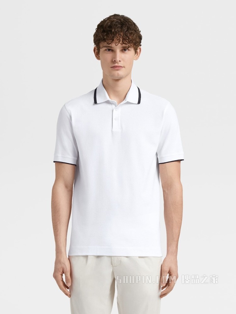 白色弹力棉质短袖 Polo 衫