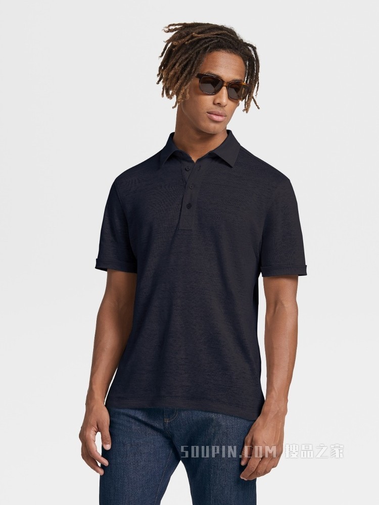 海军蓝色亚麻短袖 Polo 衫