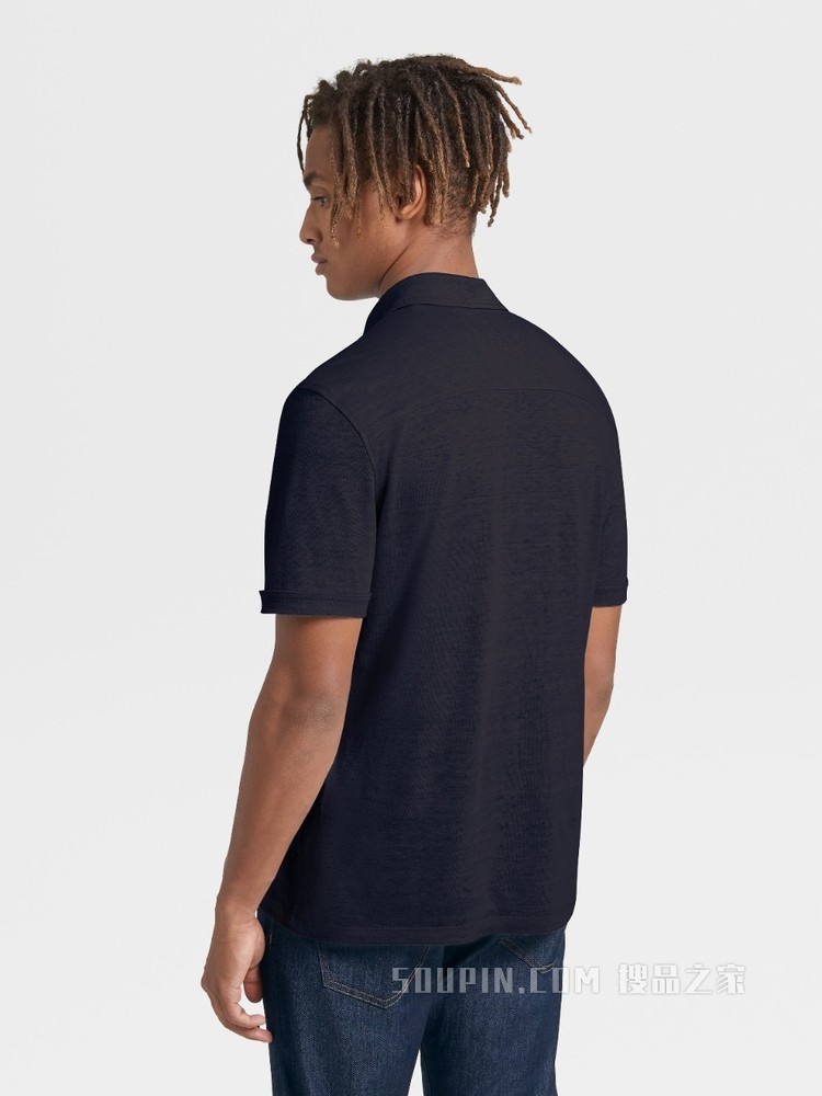 海军蓝色亚麻短袖 Polo 衫