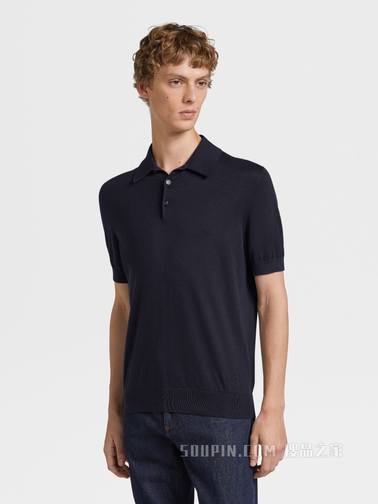海军蓝 Premium 棉质针织短袖 Polo 衫