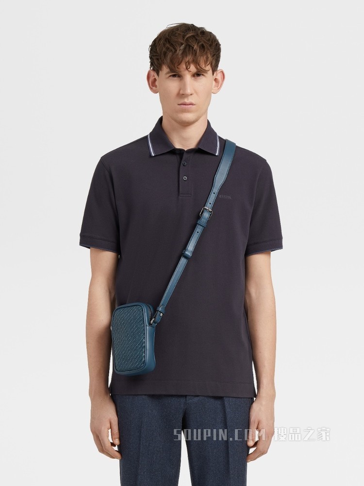 海军蓝弹力棉质短袖 Polo 衫