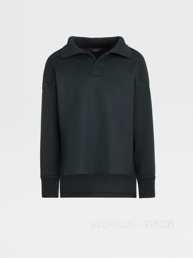 深绿色羊毛针织长袖 Polo 衫