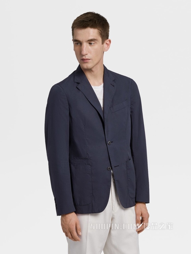 海军蓝 Telavela 弹力棉质成衣水洗西装外套，合身版型