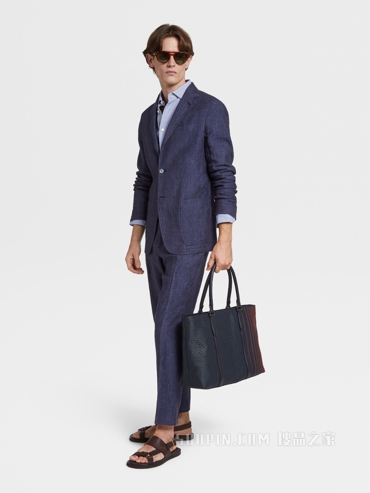 蓝色亚麻成衣水洗衬衫夹克，修身版型