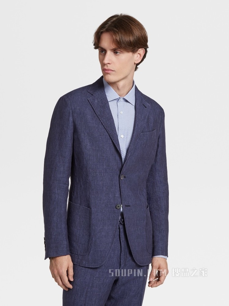 蓝色亚麻成衣水洗衬衫夹克，修身版型
