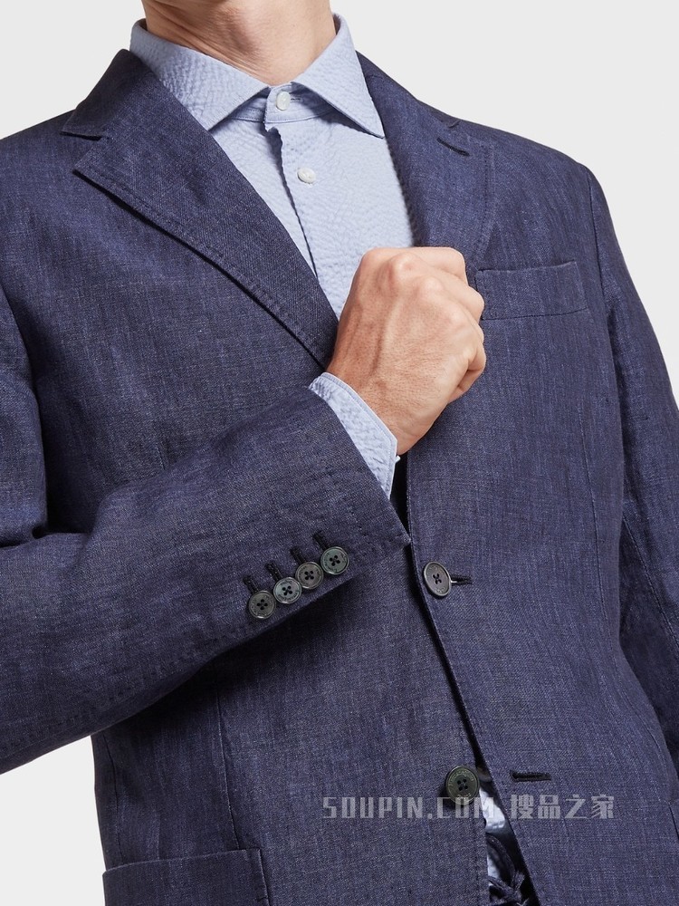 蓝色亚麻成衣水洗衬衫夹克，修身版型