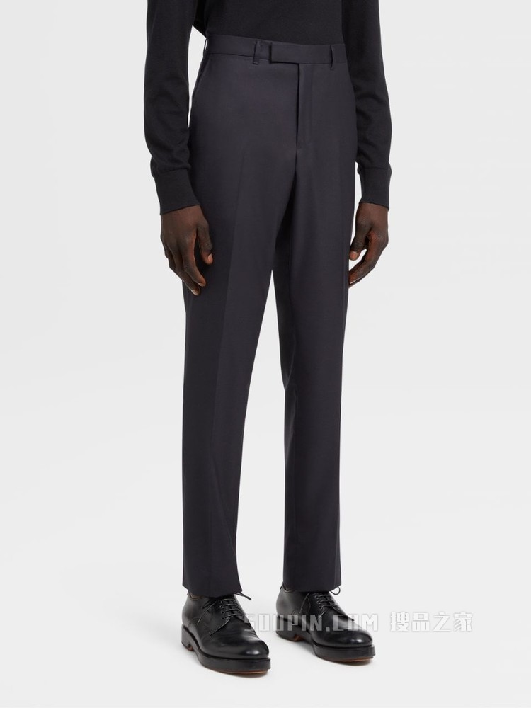 Ermenegildo Zegna XXX 系列海军蓝 Centoventimila 羊毛无褶长裤