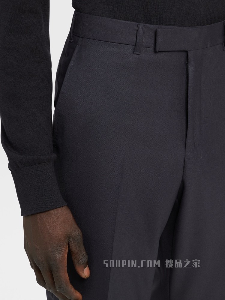 Ermenegildo Zegna XXX 系列海军蓝 Centoventimila 羊毛无褶长裤