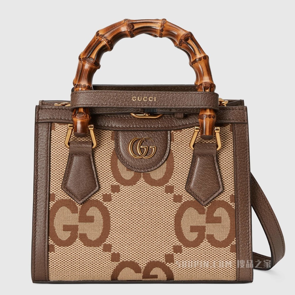 Gucci Diana超级双G图案竹节迷你托特包 驼色和乌木色帆布