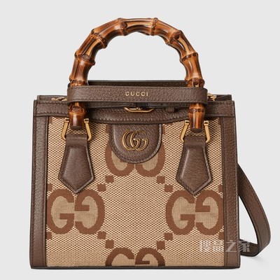Gucci Diana超级双G图案竹节迷你托特包 驼色和乌木色帆布