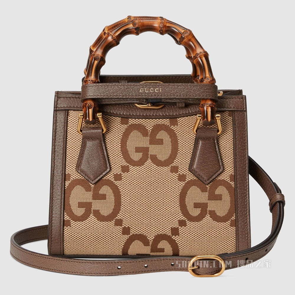 Gucci Diana超级双G图案竹节迷你托特包 驼色和乌木色帆布