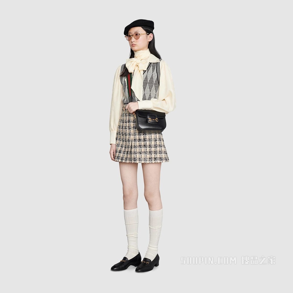 Gucci 马衔扣1955系列迷你手袋（配可拆卸双肩带） 黑色皮革