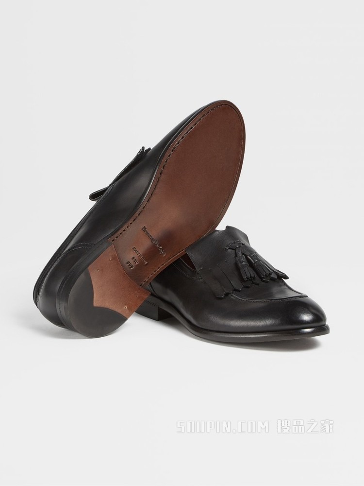 黑色手工抛光皮革 Marcello 穗饰平底鞋