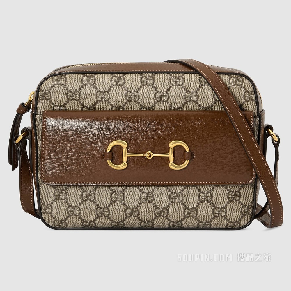 Gucci 马衔扣1955系列小号肩背包 米色和乌木色GG Supreme帆布
