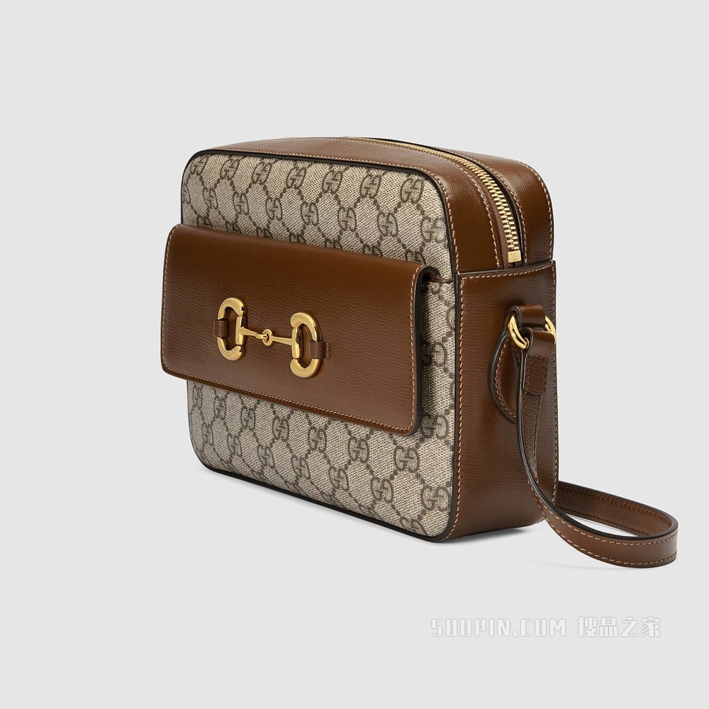Gucci 马衔扣1955系列小号肩背包 米色和乌木色GG Supreme帆布